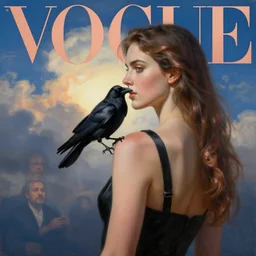morning, raven bird perching on the shoulder of a woman in a black dress. sun, cinematic, clouds, vogue cover style, copper and deep blue mood, realistic painting, intricate oil painting, high detail, figurative art, multiple exposure, poster art, 3 d, by simon bisley, ismail inceoglu, wadim kashin, filip hodas.