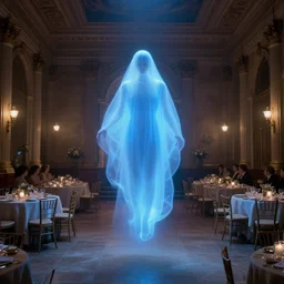 a blue glowing phantom hovers inside of a banquet hall ( 1 9 8 4 ).