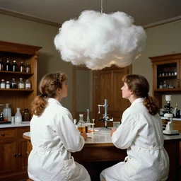 realistic photo of a two medieval female scientists wearing white cotton jackets, watching at a levitating fluffy furry cloud, living room laboratory interior is made of wood 1 9 9 0, life magazine reportage photo, natural colors