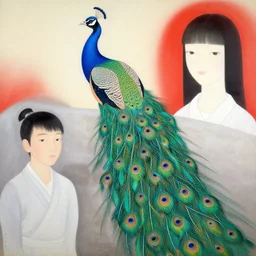 a beautiful painting peacock, by zhangda qian and kusama yayoi painting