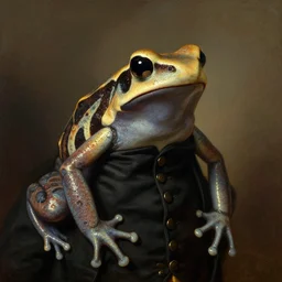 a portrait of an amazon milk frog wearing a black - colored buttoned waistcoat, a painting by john trumbull, trending on artstation, american romanticism, artstation hd
