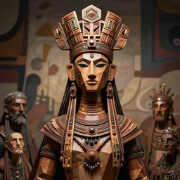 tall hyperborean priestess with long neck and hands geometric headdress and mask, low poly, boho style, rich wooden jewerly, concept art, abstract background, by boris vallejo, deak ferrand, and greg rutkowski and rhads