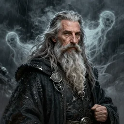 portrait david doukhan as old male warlock, storm, rain, ghost, long hair, beard, moustache, d&d, intricate, elegant, highly detailed, digital painting, artstation, concept art, smooth, sharp focus, illustration, daren bader, aleksi briclot, rutkowski, bouguereau