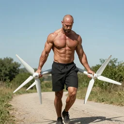 a muscular bald man carrying two turbines