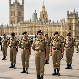 Indian female soldiers surround the Houses of Parliament in London, during a siege, 1683, alternate history, loading screen art for the game 'Europa Universalis 4'