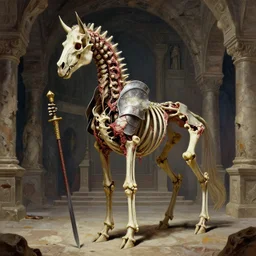 A spiked centaur skeleton with armored joints stands in a large cavernous throne room with halberd in hand. Massive shoulderplates. Extremely high detail, realistic, fantasy art, solo, masterpiece, bones, ripped flesh, saturated colors, art by Zdzisław Beksiński, Arthur Rackham, Dariusz Zawadzki