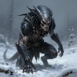 berserker predator barefoot in the snow, concept art, detailed face, fantasy, highly detailed, cinematic lighting, digital art painting by greg rutkowski