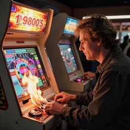 a 1 9 8 0's arcade contains a galaga coin - op machine that has glitched and caught fire. matthew broderick is playing the machine. film stock. directed by steven spielberg. unreal engine. 8 k.
