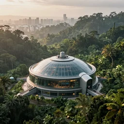 extreme wide shot a futuristic containment building in a rainforest valley with a city in the distance, national geographic, hyper realistic, 4 k, warm light, the will to endure, artstation