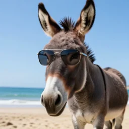 a donkey wearing cool sunglasses on vacation, 8k, hyper-detailed, photorealistic