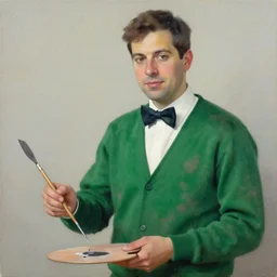 low rent lawyer, stained green cardigan, bow tie, palette knife oil painting