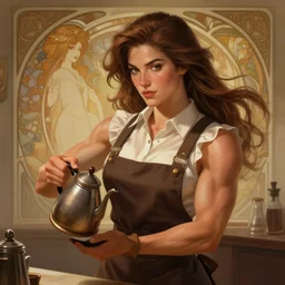 Epic portrait, a muscular waitress making coffee, cozy, glossy skin, beauty, pretty, brown hair flow, digital painting, artstation, concept art, soft light, hdri, smooth, sharp focus, illustration, fantasy, intricate, elegant, highly detailed, D&D, matte painting, in the style of Greg Rutkowski and Alphonse Mucha and artemisia, 8k,