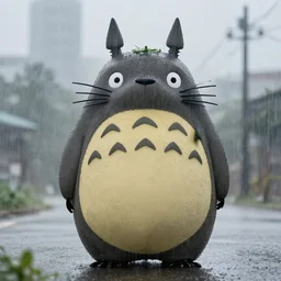 photo of real life totoro standing in the rain, completely drenched, ultrarealistic, bad weather, muted colors, gray overcast day, 8 k, high quality
