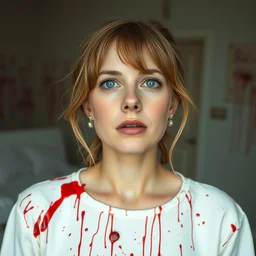 elizabeth holmes in a room splattered with blood photograph 8 k, depth of field, magazine cover