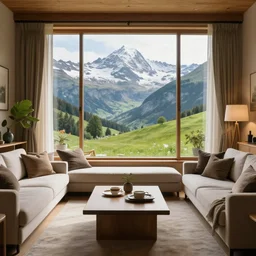 fantastical living room with switzerland landscape in the window