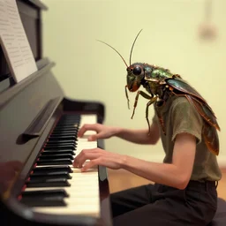 a cricket playing a piano like a human, digital art, artstation