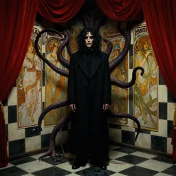 extremely detailed movie shot closeup portrait of a dark bizarre figure standing in the corner of a checkerboard checkerboard room by denis villenueve, arnold bocklin, lovecraft, amano, alphonse mucha, franz von stuck, david lynch, tentacles, dynamic composition, rich moody colours, crimson drapes, 4 k details