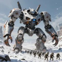a giant mechanical robot with crab feet full of battle armor and weapon in the snow along with marching army going to battle, scifi, style by dylan cole, digital art, matte painting, artstation, concept art