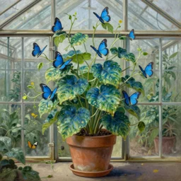 surreal blue - green butterflyplant, blue butterflies growing!!! on vines from the plant, in the vintage pot, herbology, glass greenhouse, matte painting, highly detailed, masterpiece, oil on canvas, rutkowsky, wlop, artgerm, levitan, rembrandt, botanical illustration
