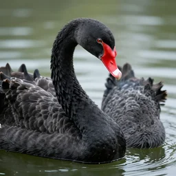 fusion between a black swan body with an ape face, in the lake. portrait photography, high definition, 4 k, 8 k, popular on national geographic, highly detailed feathers.