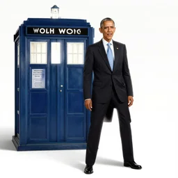 promotional poster of doctor who played by president obama standing next to the tardis, digital art, trending on artstation, 4 k