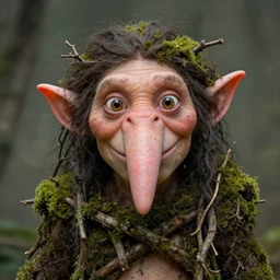 a friendly goblin elf troll with a big long nose and wide eyes, dark hairs, pointy ears, ( ( covered in branches and moss ) ), portrait by christophe young and dave dorman and simon bisley