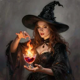 character concept portrait of jessica chastain as a witch with a big black pointy hat casting a spell, a floating burning love potion in the center, intricate, elegant, digital painting, concept art, smooth, sharp focus, illustration, from Metal Gear, by Ruan Jia and Mandy Jurgens and William-Adolphe Bouguereau, Artgerm
