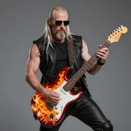 sunglasses wearing kratos rocking out on a flaming stratocaster axe, cinematic render, god of war 2 0 1 8, playstation studios official media, lightning, flames, red stripe