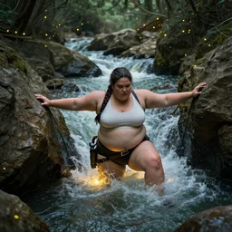 wide shot of obese Lara Croft climbing out of a roaring ancient river, fireflies by Lilia Alvarado