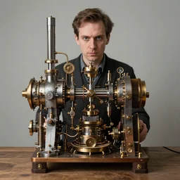 A random pointless contraption industrial appliance pneumatic steampunk machine with no apparent purpose, being operated by a scholarly looking man with a clear directed gaze, XF IQ4, f/1.4, ISO 200, 1/160s, 8K, RAW, unedited, symmetrical balance, in-frame