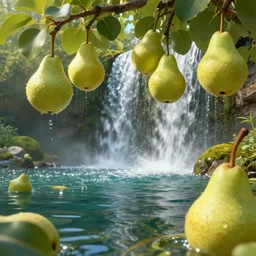 close up of low hanging pears, pond, waterfalls, by james gurney, low angle shot, concept art, intricate, hyper detailed, volumetric lighting, sharp focus, octane render, trending on artstation, 8 k