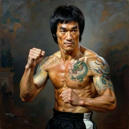 painting of Bruce Lee by Peter Paul Rubens, with dragon tattoo, yakuza tattoo, very detailed