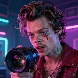 Harry Styles, horror sccene, illustrated by Greg Rutkowski and Gaston Bussiere, 35mm lens, beautiful macro close-up imagery, vibrantly lush neon lighting, beautiful volumetric-lighting-style atmosphere, a futuristic atmosphere, intricate, detailed, photorealistic imagery, trending on artstation, 4k, 8k