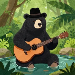 a bear wearing a black hat, sitting in a pond in a lush jungle playing a guitar, drawing by moebius