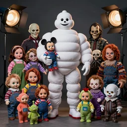 a colorful portrait photograph of divine in a michelin man costume, with creepy cursed dolls like little miss no name, face bank, fearsome flush, cursed mickey, blippy in the box, jolly chimp, fingertronic howdy doody electronic puppet, skinny bones, cursed teletubbies, trolls, boobahs, chucky, jigsaw, leatherface, michael myers, pazuzu, chatterer, pennywise, pale man in 1 9 9 0 s, studio light photography, high definition, 8 k, taken by alex webb