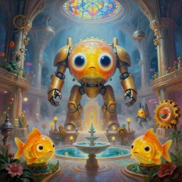 googly eyes a minimalist bioluminescent oil painting by donato giancola, bulbous happy gears of war goldfish giant mecha god dinosaur temple altar, religious, cinematic scifi luxurious futuristic foggy steam filled spaceport shopping mall with microscopy stained glass pretty bulbous ceramic fountains, gigantic pillars and flowers, maschinen krieger, beeple, star trek, star wars, ilm, star citizen, mass effect, artstation, atmospheric perspective