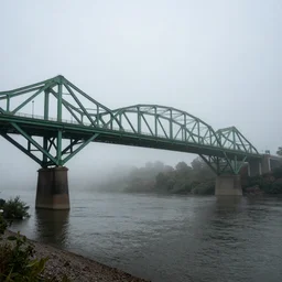 a photograph of an emerald bridge over a wine river. Detailed. mythical. magical. mist. foggy. 4k. 800 iso.