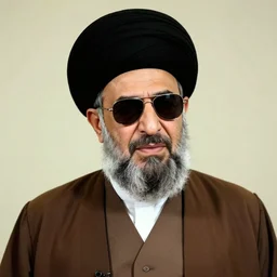 a detailed portrait of imam Khomeini wearing sunglasses and Cap, studio lighting