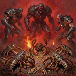 fine art oil painting pencils varied muck jeweled, filthy rugated armored crustaceans clawing & terrified as massive brutalist giants sporing pox, final battle failure, red mustard gas fog, by alex nino by francesco blanc, geof darrow, bisley, b wolverton & by jack gaughan high resolution, hyper detailed, cinematic, ornate masterpiece, torch light shot