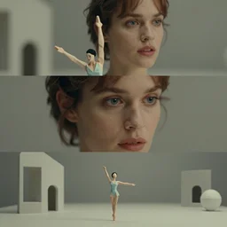beautiful three point perspective film still of holly herndon character study scene in merce cunningham, extreme closeup portrait in style of frontiers in miniature porcelain photography fashion architectural art studio seinen manga edition, origami model, pointe pose, tilt shift background, soft lighting, kodak portra 4 0 0, 8 k, macro, cinematic style by emmanuel lubezki
