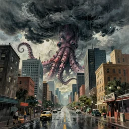 raining. dark clouds with stormy squid tentacles in sky. very low angle. very detailed painting by ghibli studios, futuristic. dreamlike. weird. horrific. wet asphalt. city street at 1 9 5 0 s. low angle. old photo. atmospheric. skyscrapers. vivid colours, mysterious. epic scene. trending on trainstation. 4 k. very high detailed.