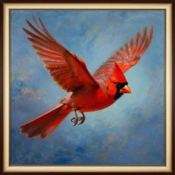 a painting of a red cardinal flying through the sky, poster art by raymond swanland, deviantart, fantasy art, christian, deviantart, mystical