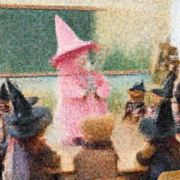 a pink test bear witch teaching a classroom of younger teddy bear witches