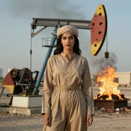 portrait photograph fashion in Kuwait oil fields fire burning. 1991. highly detailed. depth of field. high definition. 8k. photography.