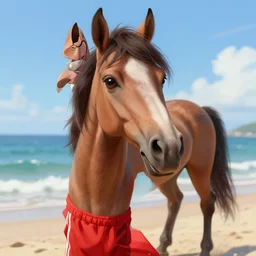 beautiful commission of a male anthropomorphic horse wearing red shorts on the beach,digital art,art by greg rutkowski,ross tran,professional character design,artstation,deviantart,photorealistoc,hyperdetailed,detailed face,high resolution,high quality