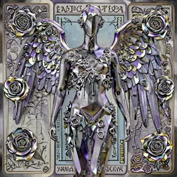 a beautiful purple and black 3 d geometrically printed mannequin with angel wings!! in the style of james jean, chrome roses!!!! dripping black iridescent liquid, winged victory, moody, dramatic, introspective, 4 k, trending on artstation, photorealistic, volumetric lighting, octane render, tarot card with ornate border frame h - 1 0 2 4