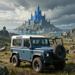 Land Rover Defender 110 (1985), The Elder Scrolls V: Skyrim, Solitude seen in the distance, Blue Palace is seen in the distance towering above the landscape, Haafingar Hold, an epic fantasy, the sea seen behind the city, dramatic lighting, cinematic, establishing shot, extremely high detail, photorealistic, cinematic lighting, artstation, by simon stalenhag