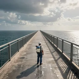 a milkman with a jetpack inspecting an endless bridge, photo realistic, realistic lighting, realistic shadows, ocean, bridge, milkman, surface reflections