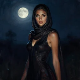 lush luminous portrait in mysterious femininity, ethnic, clear eyes, statuesque, gazelle - like, confident realistic face, radiant skin, dark gown and scarf, svelte fashion design, bathed in moonlight, chiaroscuro, silhouette, glinting light, impressionism, midnight, natural color scheme, deep rich hues, illustration