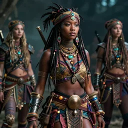 detailed ultrarealistic photography of cyberpunk hippie warrior japanese african girl, wayne barlowe, greg rutkowski, cinematic, full shot